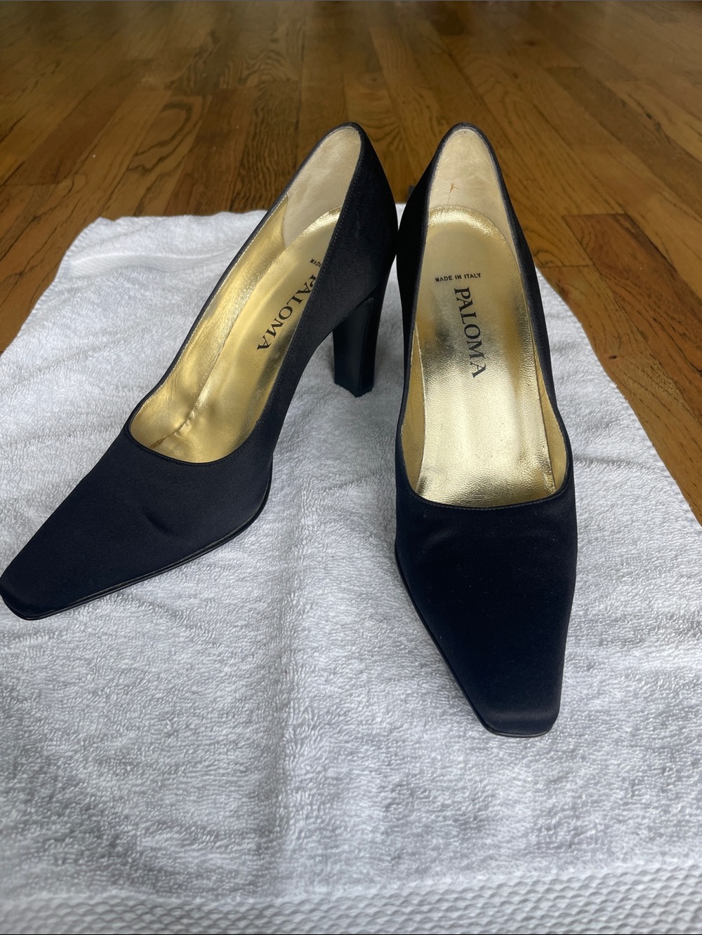 Black Satin Pointed Block-Heel Pumps